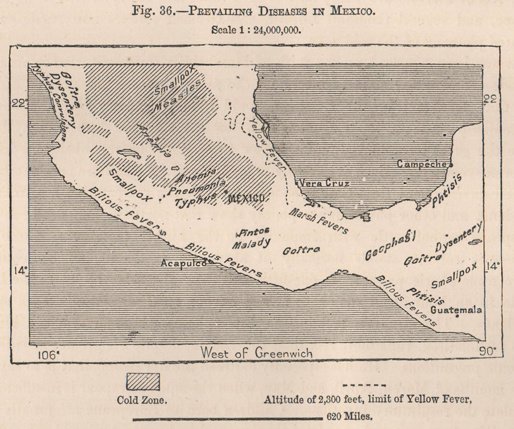 Prevailing diseases in Mexico 1885 old antique vintage map plan chart